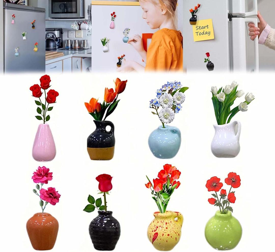 Mini Vase Magnets for Fridge, Ceramic Vase Refrigerator Magnets, Funny Mini Plant Magnets, Small 3D Plant Vase, Suitable for Fridge, Kitchen, Office Decoration (8Pcs)