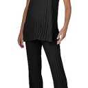 Tankaneo Two Pieces Outfits Sleeveless Top Knit Sets Trendy Lounge Long Pajamas Set Black XL