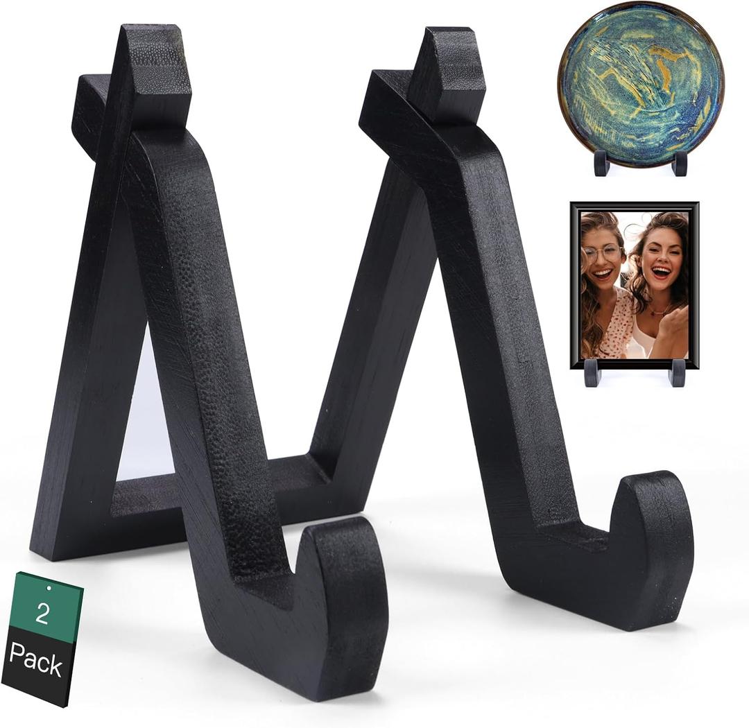 2 Pack Bamboo Plate Display Stand, 6 Inch Decorative Picture Frame Stand Square Plate Holder Display Stand Display Stand for Plates, Photos, Book, Dcor (Black)