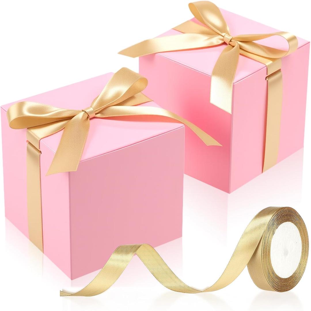 48 Pcs Wedding Gift Boxes with Ribbon Small Party Favor Boxes with Lids Mini Treat Candy Container for Gift Wrapping Ornaments Holiday Birthday Party Supplies(Pink,4 Inch) (1 Count (Pack of 48))