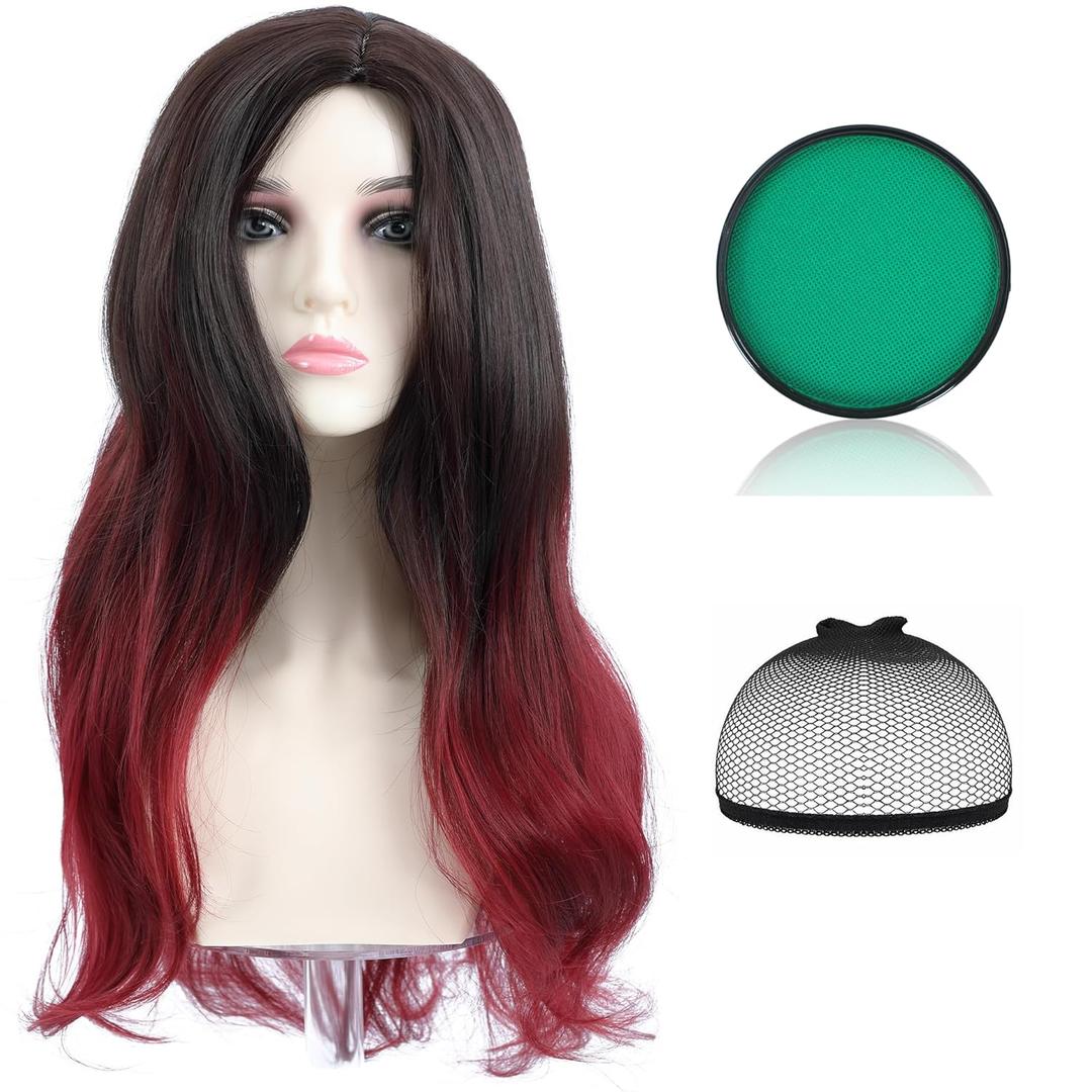 Long Wavy Black and Dark Red Ombre Wig for Women Synthetic Hair Wig for Cosplay Costume Halloween Party Including A Box of Green Washable Face Body Paint