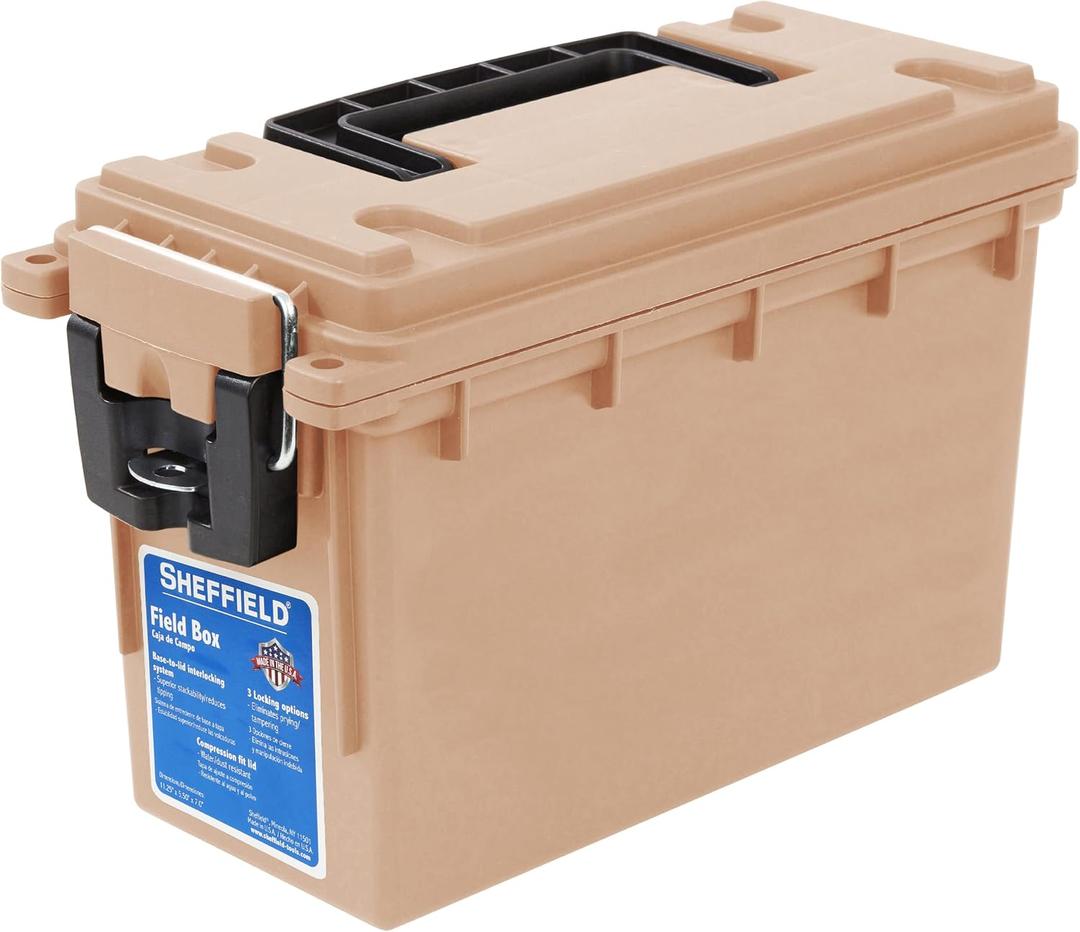 Sheffield 12627 Ammo Storage Box, Stackable .30 Cal Field Boxes, Water and Dust Resistant, Lockable Storage Box with Handle, Secures Hunting Gear, Supplies, and Bullets, Made in USA, Tan, 1-Pack