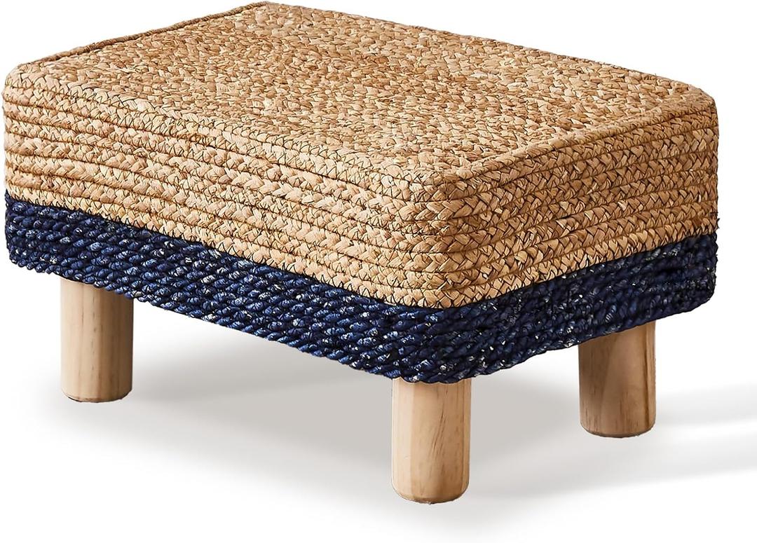 Wimarsbon Natural Seagrass Footstool Ottoman Rectangular Footrest Pouf Ottomans with Wooden Legs Hand Weave Step Stool for Living Room Bedroom Entryway Blue (12"D x 16.5"W x 9.5"H)