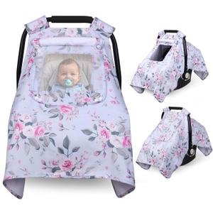 Car Seat Cover Baby, Carseat Covers Baby with 2 Layers Breathable Windows, Windproof Infant Car Seat Cover, Kick-Proof Baby Carrier Cover for Baby Girl Newborn Essentials