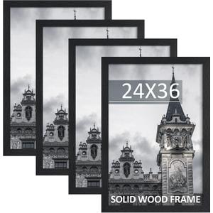 24x36 Poster Frame Set of 4, Solid Wood Picture Frames, Display 24x36 Photos without Mat, Horizontal or Vertical Wall Mounting Poster Frame, Black Woodgrain