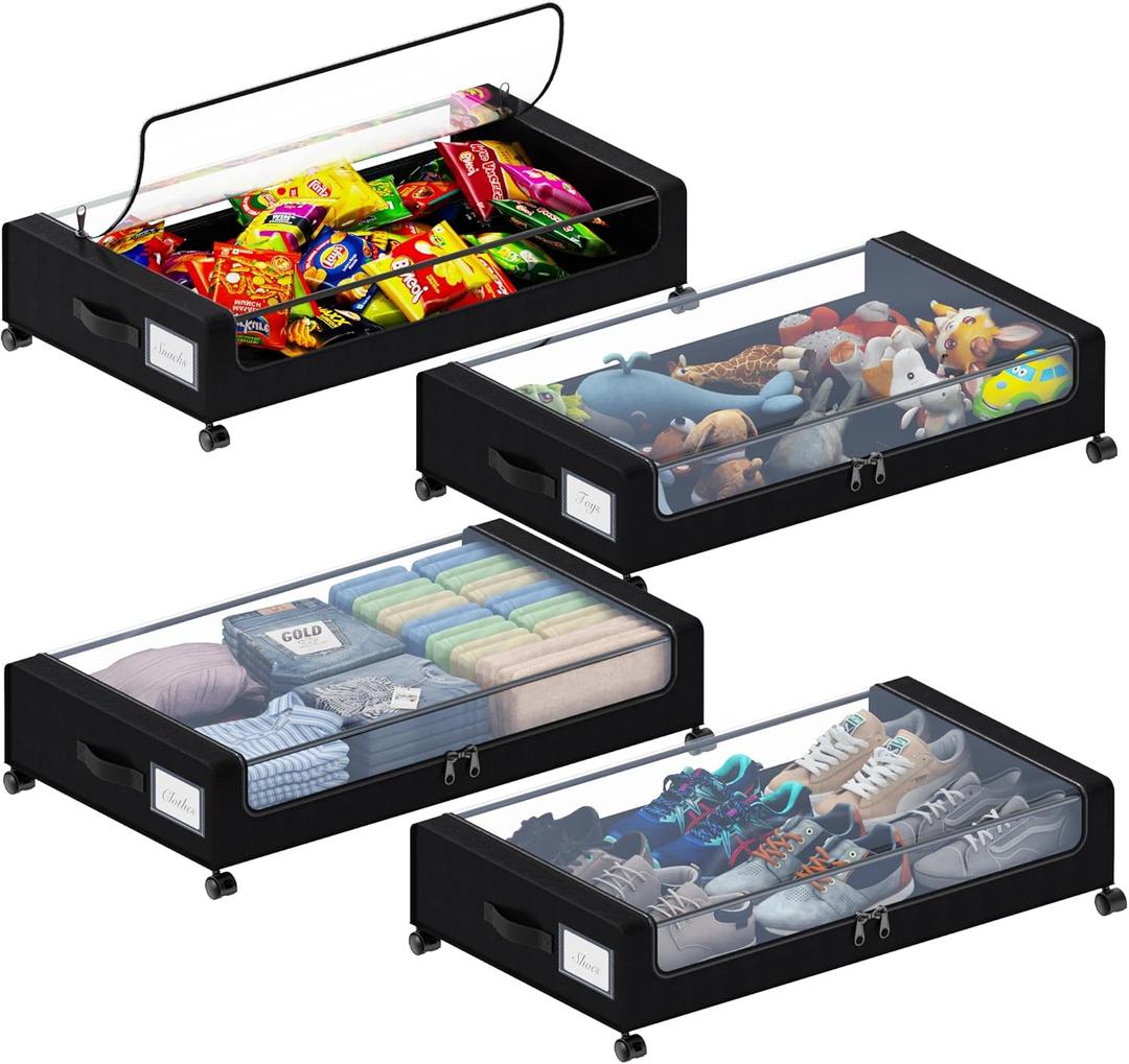 Under Bed Storage with Wheels, XXL 60L Under the Bed Storage Bins, Underbed Storage Containers with Lids & Label, Rolling Metal Drawer for Shoes, Clothes, Books, Toys (4-Pack Black)