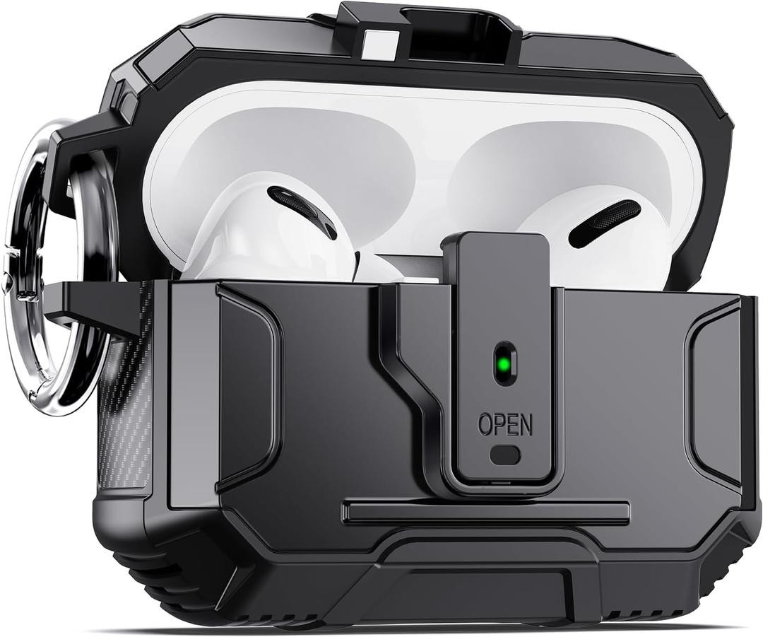 DASFOND Armor Earphone Cover Case for Airpods Pro 2, Military Grade Full Body Shockproof Protection Hard Case, Support Wireless Charging with Keychain, Magnetic Lid, Front LED Visible, Black