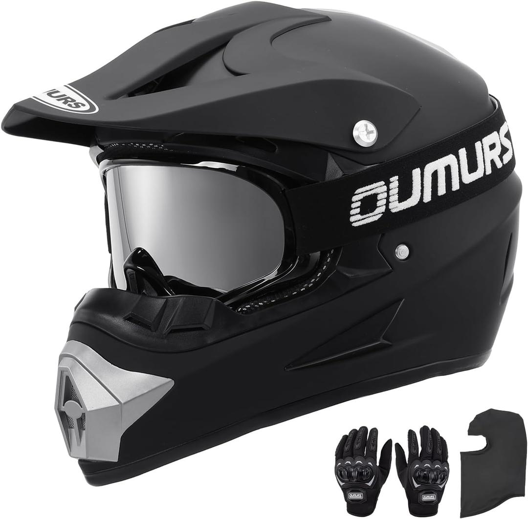 OUMURS DOT Adult ATV Dirt Bike Helmet with Goggles Gloves & Mask Adjustable Sun Visor Motorcycle Adult Helmet Off-Road Motocross Downhill Moped MX for Unisex-Adult OUMURS 125A-Matte Black (Small)