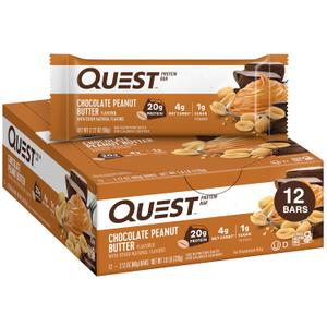 Quest Nutrition Chocolate Peanut Butter Bars, 20g Protein, 1g Sugar, 5g Net Carb, Gluten Free, Keto Friendly, 12 Count (BB: 04/28/2026)