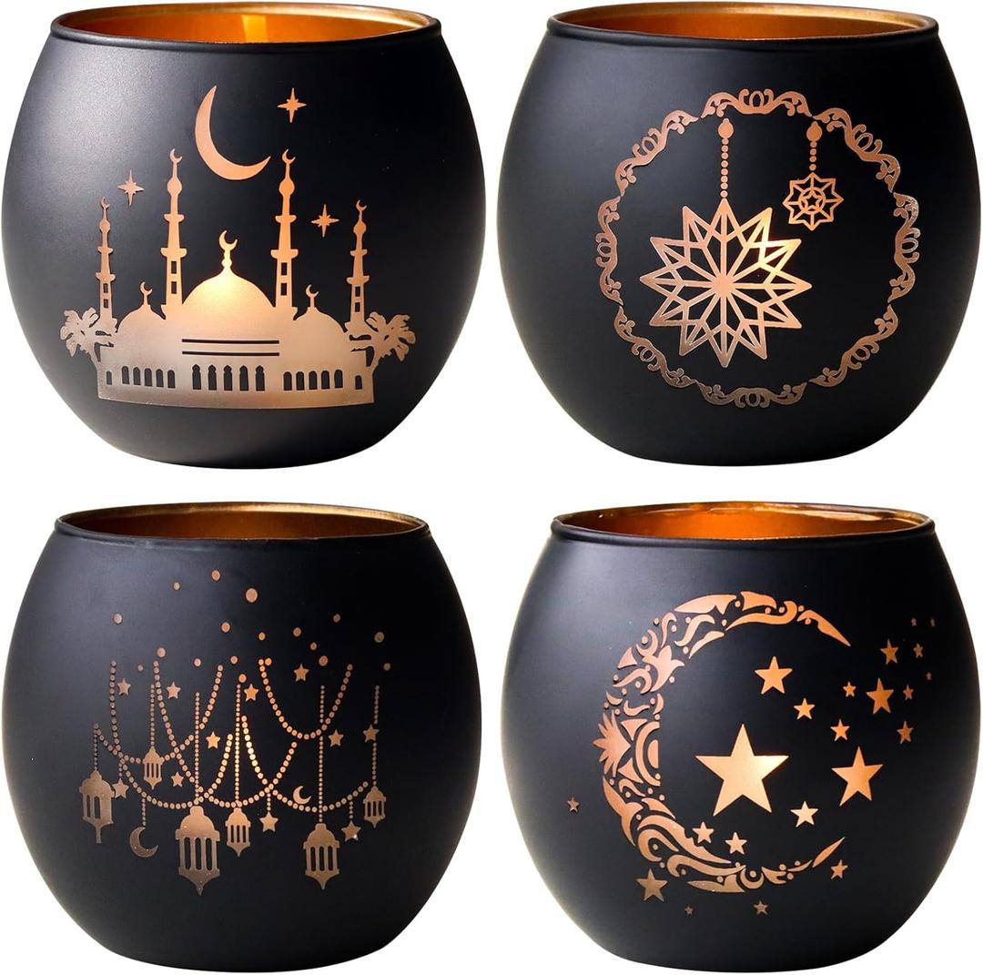 Ramadan Table Decor 4 Pcs, Elegant Black & Gold Glass Tealight Candle Holders, Votive Candle Holders Ramadan Decorations for Home, Eid Mubarak Decorations, Islamic Gifts for Home