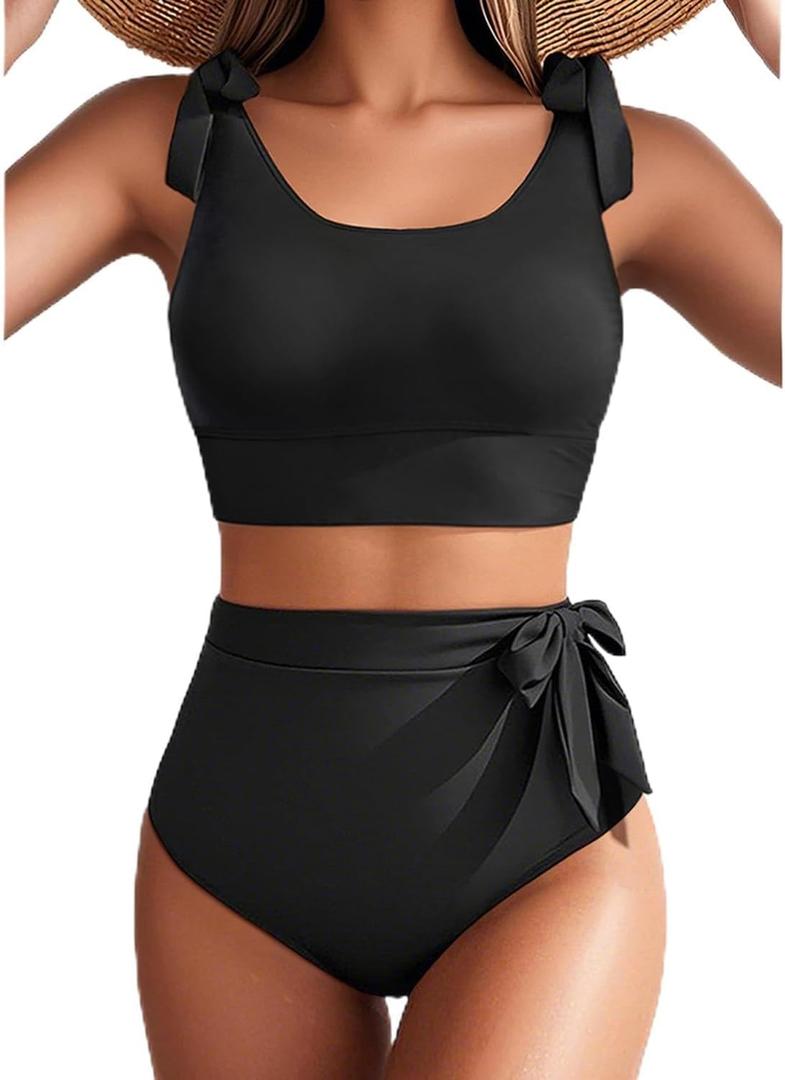 Two Piece High Waisted Swimsuits - Women Tummy Control Bikini Modest Bathing Suit 2PC 2025 (18 Plus, Black)