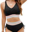 Fanuerg Women's High Waisted Bikini Sets Twist Front Swimsuit Color Block Drawstring Two Piece Bathing Suit (Black)