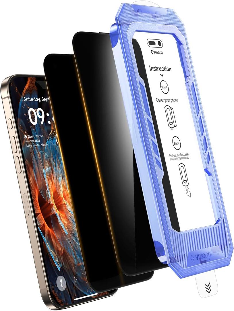 VIZORIX 2-Pack for iPhone 15 Pro Privacy Screen Protector, Easy to Install, Anti-spy, Auto-Dust Removal, Military Grade Protection, Bubble-Free, Full Coverage, Case Friendly, 9H+ Tempered Glass