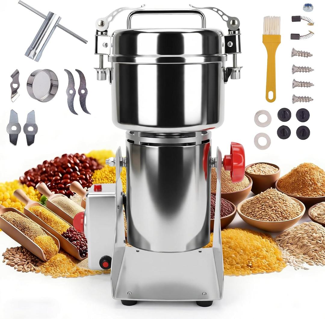 Electric Grain Mill Grinder 1000g, Commercial Grade 304 Stainless Steel High Speed Spice Grinder, Superfine Powder Grinder for Flour, Grain, Coffee Beans, Herbs, Spices & Nuts