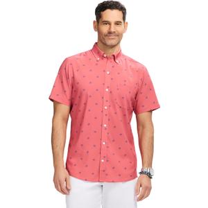 IZOD Men's Breeze Short Sleeve Button Down Patterned Shirt (XX-Large, Holly Berry)