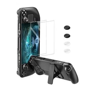 bibuks Steam Deck /OLED Protective Case,Non-Slip Skin Protective Shell Accessories,Steam Deck Case with Kickstand ,2 Screen Protector, 4 Thumb Grip (Black)