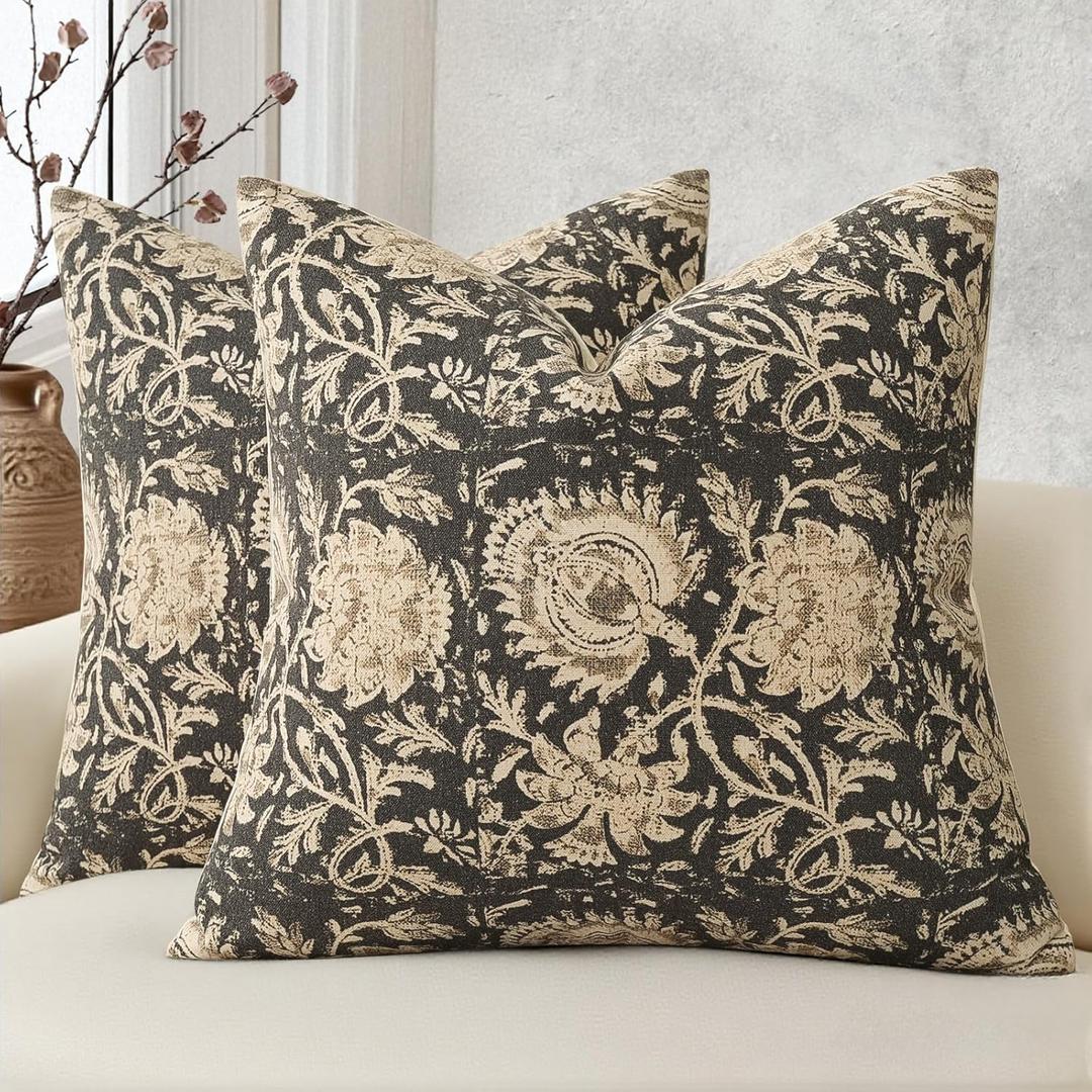 Vintage Floral Print Throw Pillow Covers 26x26 Set of 2 Neutral Modern Farmhouse Accent Decorative Cushion Covers Boho Home Decor for Couch Sofa Chair Bed Living Room, Black