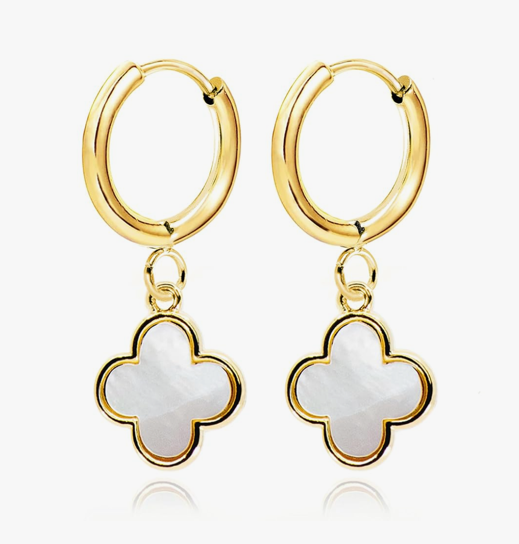 Four Leaf Clover Dangle Earrings for Women • 14K Gold Plated White Mother of Pearl/Black Onyx/CZ Diamond Lucky Clover Charm Drop Huggie Hoops Earrings [CVRE]
