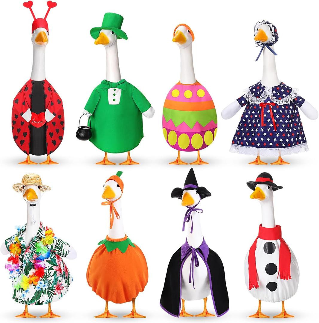 8 Set Holiday Porch Goose Outfits for 23" Cement Goose Spring Summer 4th of July Patriotic All Season Costume Clothes for Lawn Garden Patio Indoor Outdoor Statue Decor(Typical Style)