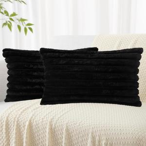 decorUhome Faux Fur Throw Pillow Covers 12x20 Set of 2, Decorative Soft Plush Striped Lumbar Neutral Couch Pillow Covers with Velvet Back for Sofa, Bed, Living Room Home Decor, Black