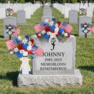 Giegxin 4 Bundles Memorial Day Flowers for Cemetery Artificial Grave Flowers Decoration Red White and Blue Flower Bouquet with Flags Patriotic 4th of July Decorations for Home Table Decor