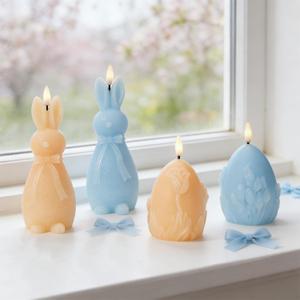 WDS WONDROUS Easter Flameless Candles Set of 4, LED Bunny & Egg Candles with Floral Embossed Design, Blue & Orange Battery Operated Candle for Home Decor, Gift for Women, Mom, Easter Decor