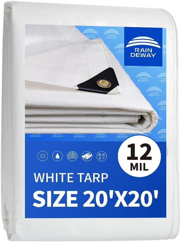 RAINDEWAY 12 Mil Heavy Duty White Tarp 20x20 Feet, UV Resistant, Waterproof, Weatherproof Poly Tarp with Metal Grommets and Reinforced Edges RAINDEWAY 12 Mil Heavy Duty White Tarp 20x20 Feet, UV Resistant, Waterproof, Weatherproof Poly Tarp with Metal Grommets and Reinforced Edges