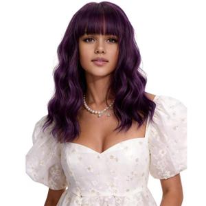 Dark Purple Wig Short Purple Wavy Curly Wig with Air Bangs for Women Heat Resistant Synthetic Hair with Hair Cap
