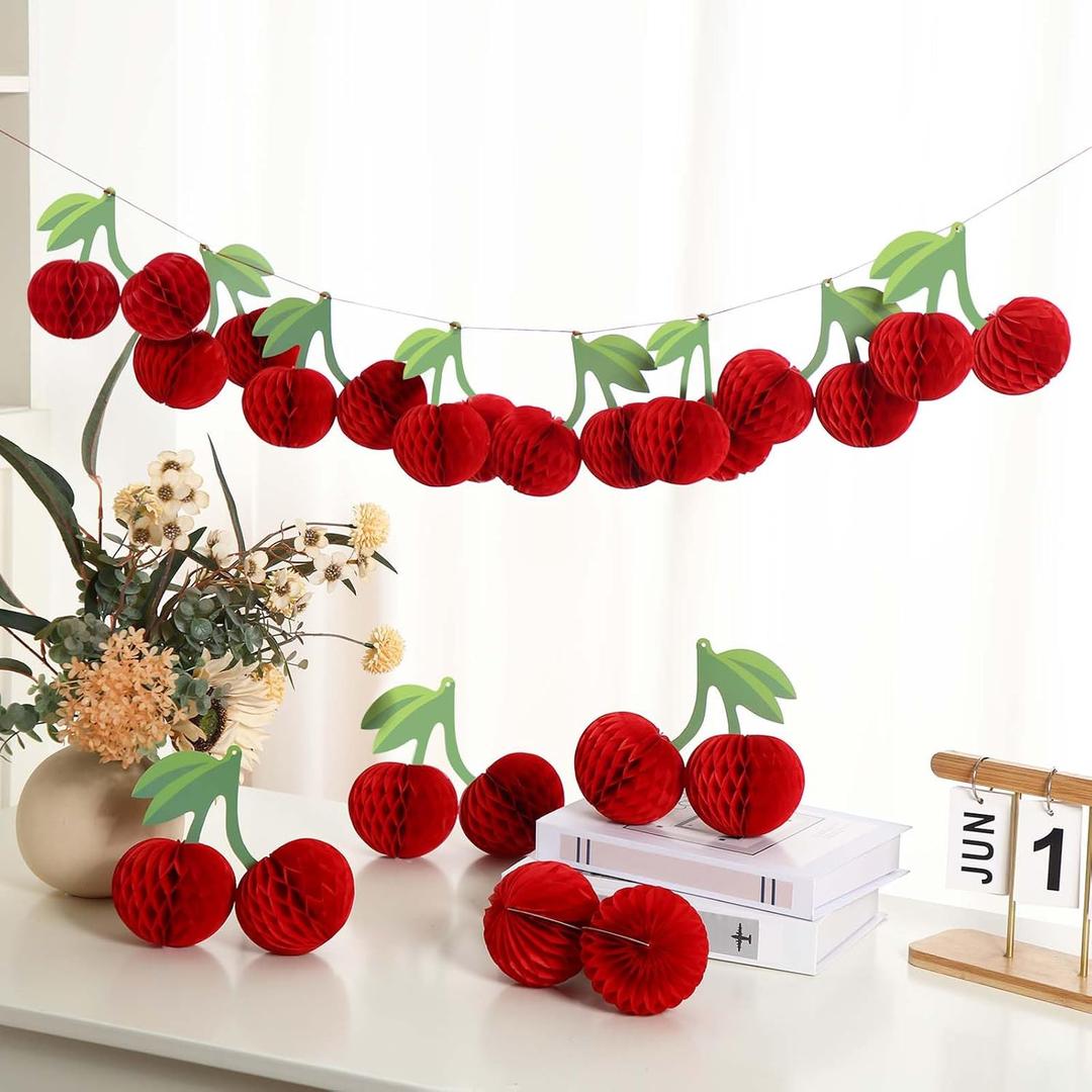 Sonwyoung 12 Pcs Cherry Birthday Party Decorations 5.91'' Cherry Garland Decor Hanging Paper Honeycomb DIY Fruit Paper Lanterns for Ceiling Fruit Party Decor for Baby Shower Wedding(Classic)