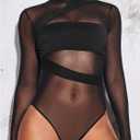 Milumia Women's Mesh Sheer Bodysuit Tops Crew Neck Long Sleeve Going Out Rave Leotards, Medium