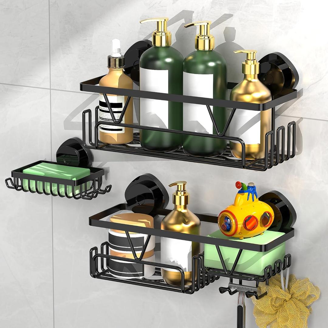 ZUNTO Suction Cup Shower Caddy - 3pcs Reusable Shower Shelf Organizers with Soap Holder and Hooks - No Drilling Bathroom Shelves for Shampoo