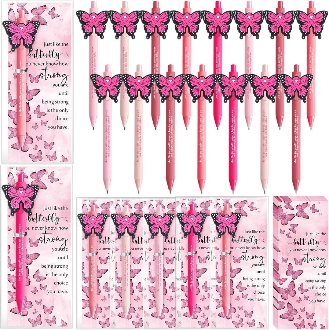 Epakh 30 Set Breast Cancer Awareness Gifts Pink Ribbon Butterfly Ballpoint Pens Bulk and Inspirational Bookmarks Breast Cancer Accessories for Women Public Events Charity Welfare Party Supplies