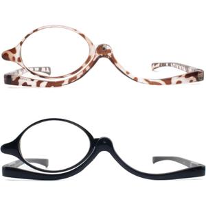 2 Pack Makeup Reading Glasses for Women Flip Down Cosmetic Magnifying Readers Make Up Eyeglasses Spring Hinge, Black/Brown, +2.50