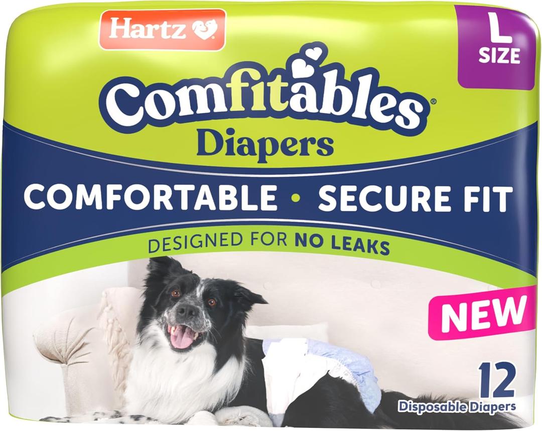 New! Hartz Comfitables Disposable Dog Diapers, Size Large 12 Count, Comfortable & Secure Fit, Easy to Put On, Super Absorbent Male and Female Diaper