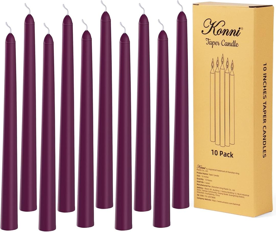 KONNI 0.8710 Inch Purple Taper Candles, Unscented and Smokeless Tall Candlesticks, 10 Pack Tapered Candles with Cotton Wicks, Long Burning, Ideal for Weddings, Dinner Parties, and Home Dcor