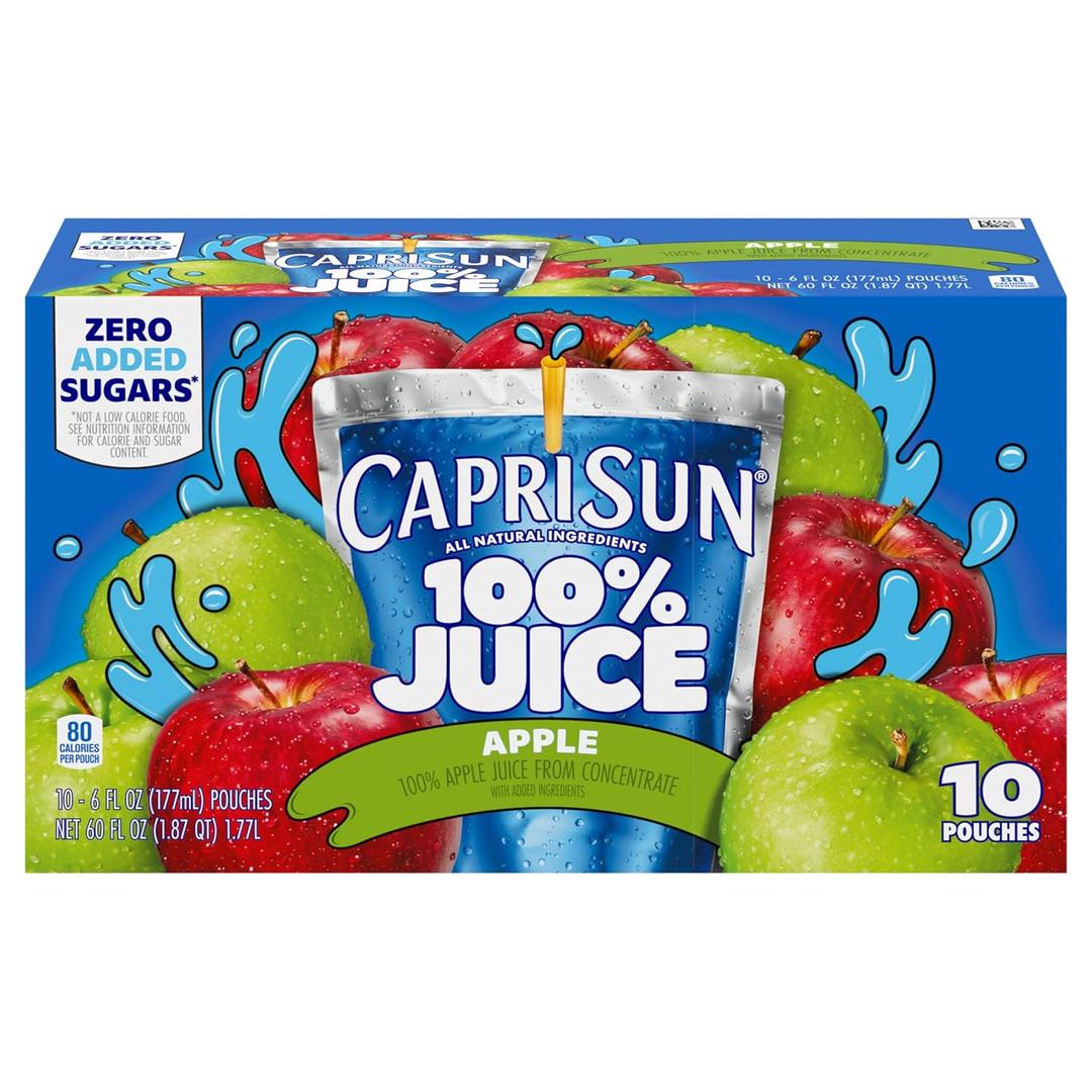 Capri Sun 100% Juice Apple All-Natural Juice from Concentrate with added ingredients, 10 ct Box, 6 fl oz Pouches