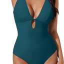 SUUKSESS Women One Piece Tummy Control Swimsuit Deep V Neck Cutout Bathing Suit (Medium, Peacock Blue)