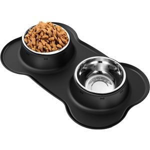 AsFrost Dog Food Bowls Stainless Steel Dog Bowls with No Spill Non-Skid Silicone Mat, Dog Food and Water Bowl Set, Dog Dishes for Small Medium Large Sized Dogs Pet Food Feeding Bowls, 4 Cup, Black