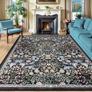 Area Rugs 9x12 Living Room: Floral Washable Rug Vintage Large Soft Boho Non-Slip Carpet Indoor Stain Resistant Low Pile Carpets for Bedroom Dining Room Farmhouse Nursery Hallway Home Office Dark Black