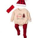 Cute Christmas Outfits Oversized Sweater Romper with Socks, Hats, and Headband (0-3 Months, My First Christmas Tree)