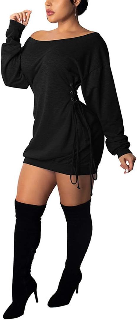 Women Casual Fall Dress - Long Bell Sleeve Pleated Bodycon Fitted Mini Work Clothes Club Outfit (Small-Medium, 2#black)