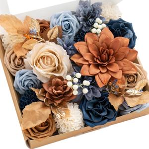 Ling's moment Fake Flowers Box, Faux Artificial Greenery Stems Foam Roses Gardenia Silk Dahlia Fabric Flower for Centerpieces Bouquet Wedding Vase Decorations, Burnt Orange & Navy, Grand Combo