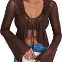 GORGLITTER Women's Sheer Bell Long Sleeve Crop Tops Y2K Fall Mesh Tie Front Gothic Concert Going Out Tops Trendy Dressy (Brown, L)