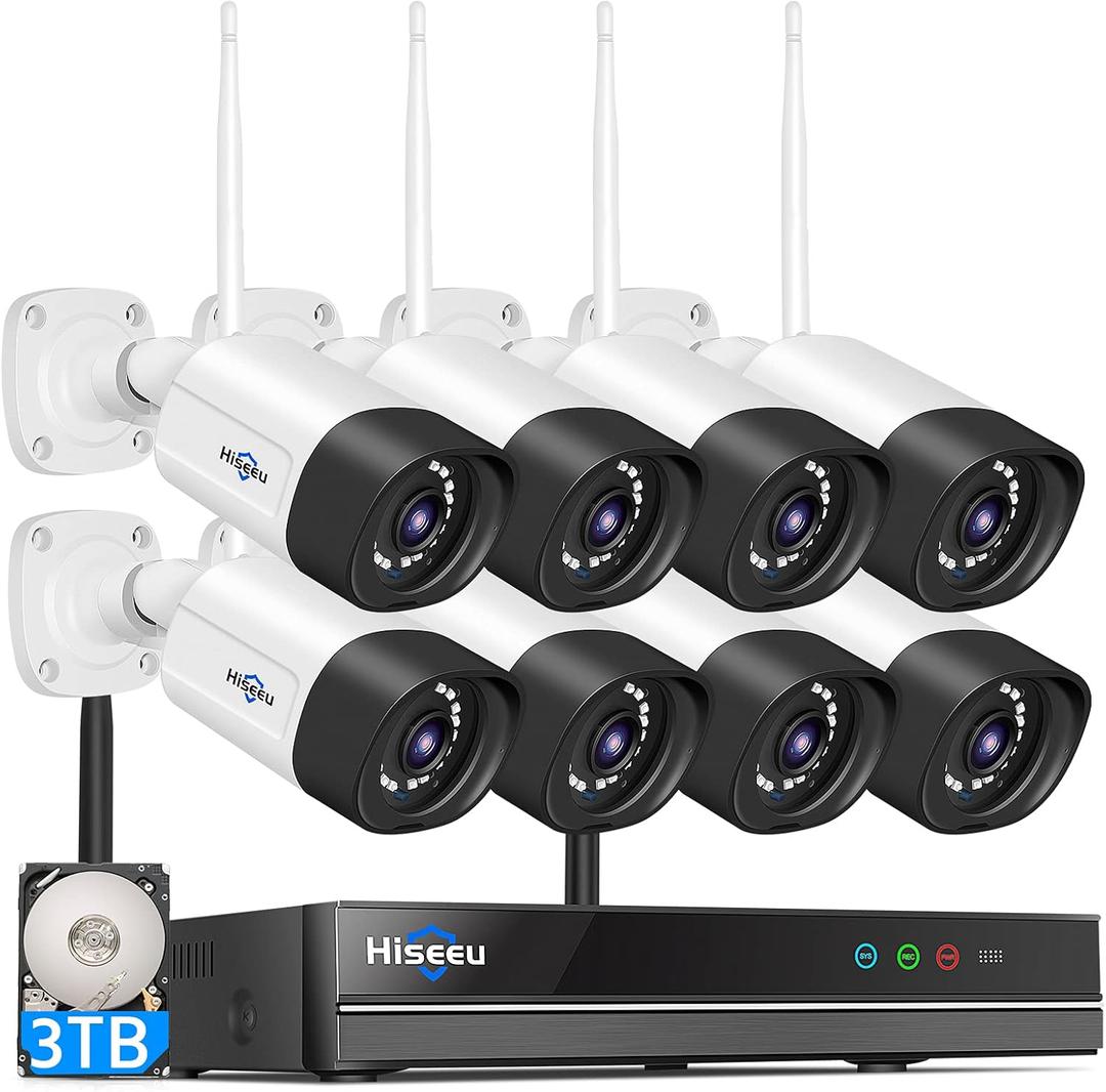 Hiseeu Wireless Security Camera System Outdoor, 5MP WiFi Camera for Home, 16CH WiFi-Pro 8 Cam-Kit, 2-Way Audio, Color Night Vision, IP66 Waterproof, 3TB Storage, 24/7 Recording, No Monthly Fees