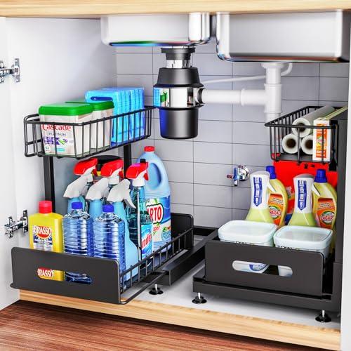2 Pack Under Sink Organizers and Storage,Pull Out Cabinet Organizer,2-Tier Sliding Out Kitchen Basket Sink Shelf Cabinet Organizers Adjustable L Shape Counter Organizers for Bathroom Kitchen (Black)