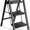 Double Elite Step Ladder 3 Step Folding, Sturdy 330 Lbs Load Small Step Stool for Adults, Safer Full Steel Multi-use Kitchen Ladder for Home, Closet Step Stool Ladder with Wide Pedals, Black, 3-Step