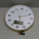 Wall Clock, 14" Large Dial Non-Ticking Silent Battery Operated Analog with LCD Display for Perpetual Calendar and F° Temperature, Ideal Modern Home, Bedroom, Office Decor (Gold)