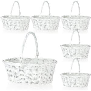 Barydat 6 Pcs Small Wicker Picnic Basket with Handle Flower Girl Baskets Oval Willow Woven Braided Gift Basket for Weddings Baby Shower Summer Home Garden Decor(12'' X 9'' X 5'',White)