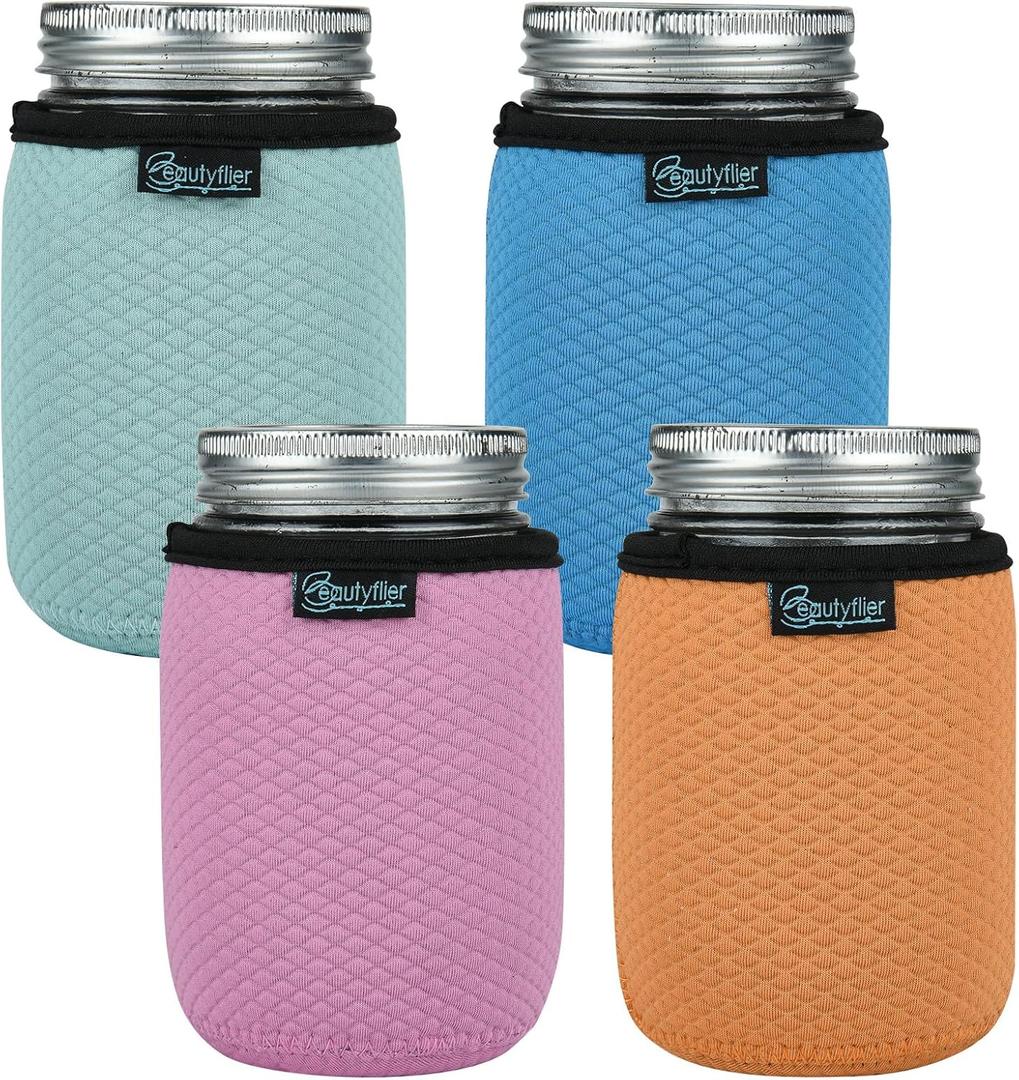 Beautyflier Regular Mouth Mason Jars 16oz Insulators, Neoprene Canning Cover for Ball Wide Mouth Pint Glass Mason Jar, 16-Ounce Pint Jars Regular Mouth Sleeve Cover Insulated Cozy, 4 Color