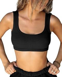 XUNYU Sports Bras for Women U Back Workout Tops with Built in Bra Ribbed Crop Tank Top Square Neck Wireless Yoga Gym bra Black, Small
